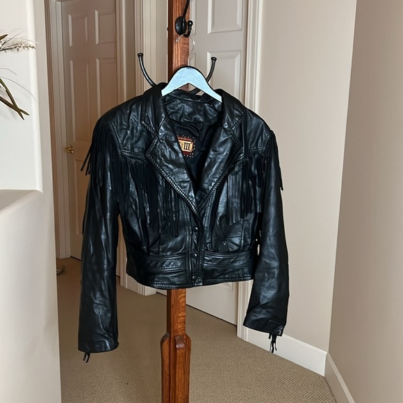 GIII Black Leather Fringe Moto Jacket Size‎ Large - Picture 12 of 16